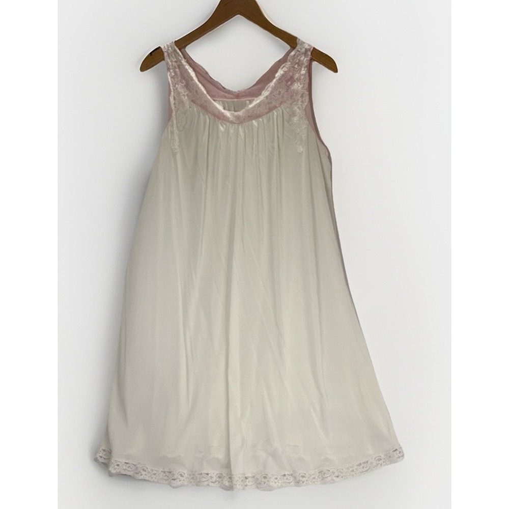 Vintage White Silky Nightgown White Lace Pink Trim A Line 37" Long